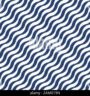 Modello ipnotico astratto minimalistico. L'illusione del movimento. Linee ondulate blu e bianche diagonalmente. Illustrazione Vettoriale