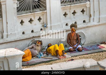 Sadhu (uomini santi) nel complesso di Pashupatinath, Kathmandu, Nepal Foto Stock