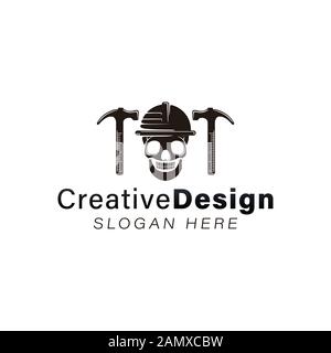 Pericolo, cranio, martello, protezione casco. Concetto di sicurezza logo idee. Design del logo Inspiration. Illustrazione Vettore Modello. Isolato Su Bianco Backgro Illustrazione Vettoriale