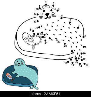 Gioco educativo per i bambini - unire i numeri e disegnare un sigillo divertente Illustrazione Vettoriale