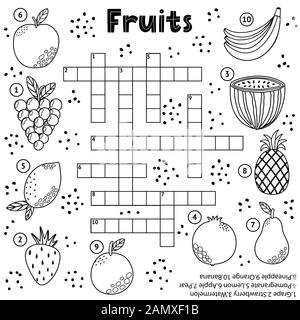 Gioco di puzzle cruciverba in bianco e nero con frutta per bambini Illustrazione Vettoriale