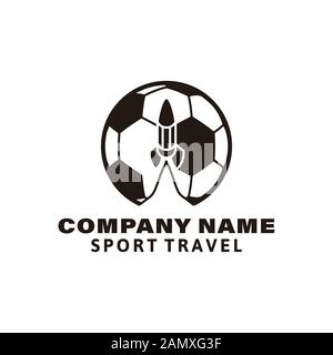 Rocket and ball. Travel agenzia sportiva logo idee. Design del logo Inspiration. Illustrazione Vettore Modello. Isolato Su Sfondo Bianco Illustrazione Vettoriale