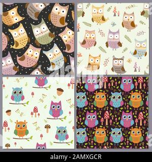 Simpatici gufi senza cuciture modelli set. Sfondi animali divertenti Illustrazione Vettoriale