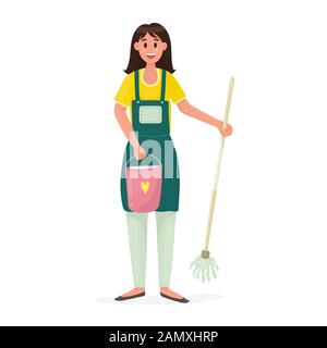 Donna felice con un secchio d'acqua e un mop Illustrazione Vettoriale