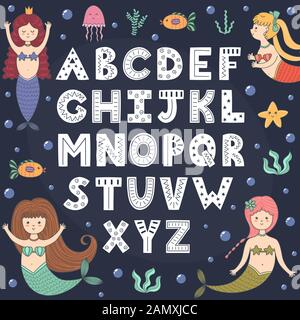 Poster dell'alfabeto con simpatici mermaids. Wall Art per bambini Illustrazione Vettoriale