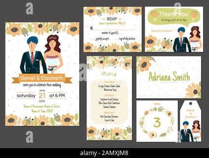 Set di modelli di invito al matrimonio con adorabile sposa e sposo Illustrazione Vettoriale