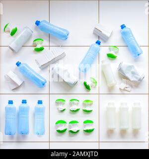 Separare la garbage collection, smistamento dei rifiuti. Problemi di ecologia e dell'inquinamento. I rifiuti alimentari, riciclaggio di bottiglie in plastica, ordinabile garbage cestino rifiuti Foto Stock