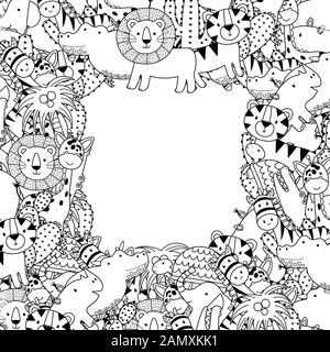 Modello di cornice bianco e nero con animali da safari Illustrazione Vettoriale