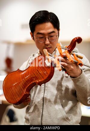 Chicago, Stati Uniti. 14th Gen 2020. Uno studente controlla un violino alla Chicago School of Violin Making a Skokie, Illinois, Stati Uniti, il 14 gennaio 2020. La Chicago School of Violin Making, che insegna le competenze tradizionali della realizzazione dello strumento, si trova a Skokie, un sobborgo di Chicago. Si iscrive studenti locali e internazionali che hanno l'intenzione di diventare professionisti del violino e di altri strumenti. Credit: Joel Lerner/Xinhua/Alamy Live News Foto Stock