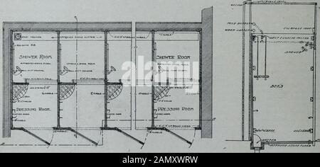 Meccanico Contraente & idraulico gennaio-dicembre 1908 . r ilpeso dell'acqua a volontà. Figg. 4 e 5 mostrano il piano e le code di un tipico bagno doccia come presente installato nelle New Yorkschools, mentre le Figg. 6, 7 e 8 sono a pianta e sezioni di camere di Miscelazione doppie. Sono previste camere Di Miscelazione, una per ogni livello di bagni, che sono raccordicon i principali tubi di alimentazione di acqua calda e fredda con rami della dimensione necessaria e dotati di valvole di saracinesca, di serratura e di ritegno allentate, e raccordi sulle alimentazioni di diramazione. Le camere di mescolazione sono disposte con dispositivi automatici, termometri, ecc., in modo che Foto Stock