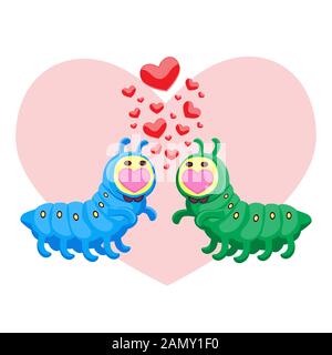 Personaggi di San Valentino insetti caterpils nei cuori d'amore su uno sfondo bianco isolato. Cartone Animato. Immagine vettoriale Illustrazione Vettoriale