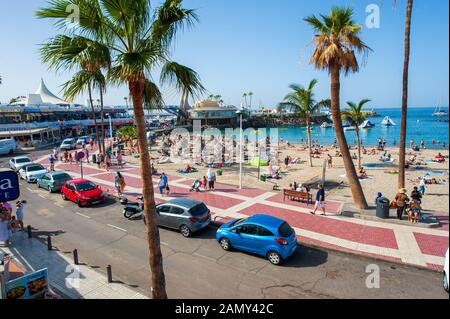 Canarie TENERIFE, SPAGNA - 26 dicembre 2019: Palme vicino alla spiaggia chiamata playa la pinta puerto colon. Una spiaggia molto popolare vicino alla città di San Foto Stock