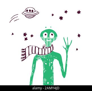 Amici alieni persone verdi e stelle isolati oggetti Illustrazione Vettoriale