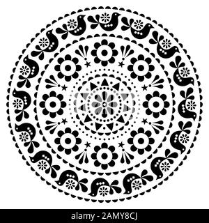 Stile mandala dal design vettoriale folk scandinavo - design rotondo, grazioso ornamento floreale con uccelli in nero su sfondo bianco Illustrazione Vettoriale