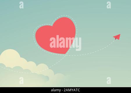 Concetto di giorno San Valentino Flat design piano di carta rossa volare sul cielo Illustrazione Vettoriale