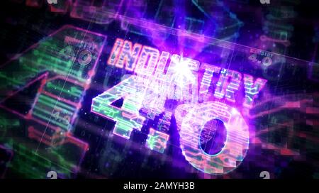 L'industria 4.0 segno futuristica rendering 3D'illustrazione. Concetto di innovazione, tecnologia informatica, business, automatizzare la fabbrica e il sistema di automazione della produzione. Ab Foto Stock