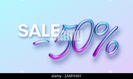 Realistica 3d carattere dorato colore arcobaleno iscrizione olografica Vendita -50. Elemento di design per volantini, banner, certificati, cartoline Illustrazione Vettoriale