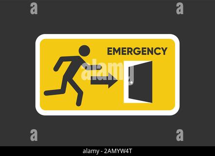 Cartello uscita antincendio di emergenza. Figura uomo che corre alla porta. Icona uomo che corre a porta. Uscita antincendio Illustrazione Vettoriale