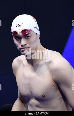 Shenzhen, provincia cinese di Guangdong. 15th Gen 2020. Sun Yang of China reagisce dopo la finale di 400m Freestyle degli uomini della FINA Champions Swim Series 2020 a Shenzhen, nella provincia di Guangdong della Cina meridionale, 15 gennaio 2020. Credito: Liang Xu/Xinhua/Alamy Live News Foto Stock