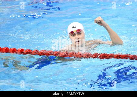 Shenzhen, provincia cinese di Guangdong. 15th Gen 2020. Sun Yang of China festeggia dopo la finale di 400m Freestyle maschile della FINA Champions Swim Series 2020 a Shenzhen, provincia di Guangdong della Cina meridionale, 15 gennaio 2020. Credito: Liang Xu/Xinhua/Alamy Live News Foto Stock