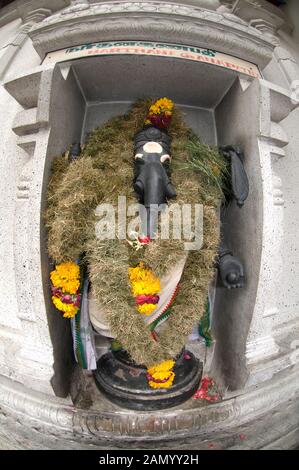 Statua di Ganesha con una ghirlanda di cerimonia Deepavali, Sri Veeramakaliamman tempio, Little India, Singapore Foto Stock