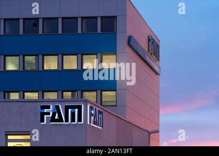 Magdeburg, Germania. 14th Gen 2020. Vista del logo aziendale della FAM Magdeburger Förderanlagen und Baumaschinen GmbH all'ora blu, Tra le altre cose, l'azienda costruisce sistemi di trasporto per miniere e porti opencast. Il Gruppo FAM è attivo in oltre 80 paesi e attualmente impiega circa 1000 persone. Credito: Stephan Schulz/dpa-Zentralbild/ZB/dpa/Alamy Live News Foto Stock