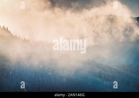 Incantevole paesaggio invernale, alte montagne coperte di alberi di conifere sotto la caduta di neve, nebbia in inverno nella foresta montuosa, incredibili meteo Foto Stock