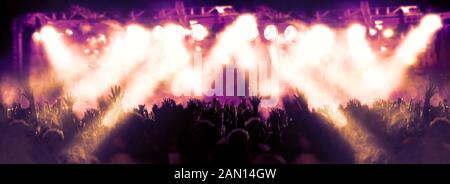 Pubblico e concerto di sottofondo. Luci da palco e persone che si aggrappano. Musica dal vivo e intrattenimento notturno. Foto Stock