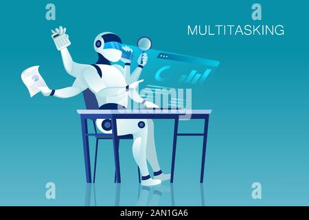 Vettore di un robot multitasking seduto alla scrivania Illustrazione Vettoriale