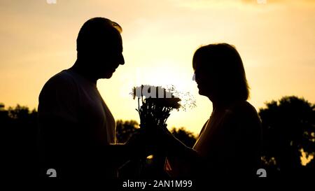 Silhouette di uomo dando ai fiori di donna, piacevole sorpresa, di vecchiaia la felicità Foto Stock