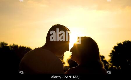 Senior l uomo e la donna sorridente ogni altra data romantico nel parco al tramonto, amore Foto Stock