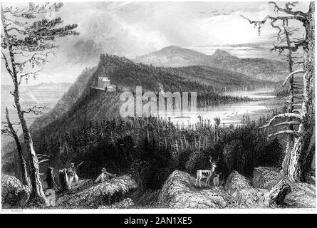 Incisione dei due laghi e la casa di montagna su Catskills Mountains scansionati ad alta risoluzione. Da un libro stampato in 1840. Ritiene copyright free. Foto Stock