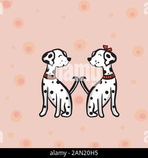 Illustrazione del vettore di colore animali cani dolmatins per San Valentino, coppie innamorate sugli sfondi. Illustrazione Vettoriale