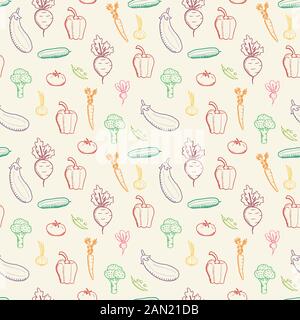 Vettore di vegetali. Doodle ortaggi texture. Seamless design alla moda. Illustrazione Vettoriale