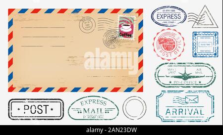 Busta realistica con diversi timbri Imposta immagine grafica vettoriale Illustrazione Vettoriale