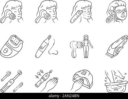 Set di icone lineari per dispositivi di bellezza. Procedure di cosmetologia domestica. Massaggiatore per viso, smacchiatore per testina nera, epilatore, rifinitore per peli del naso. Simboli di contorno a linea sottile Illustrazione Vettoriale