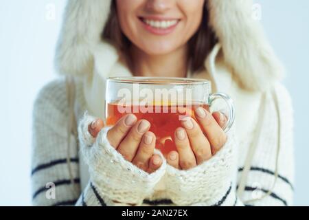 Vestirsi con una donna sorridente ed elegante in maglione a righe bianche, sciarpa e lembo auricolare, tenendo una tazza di tè caldo con limone e miele isolato sulla ligh invernale Foto Stock