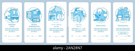 Home Services onboarding pagina app mobile con concetti lineari. Servizio di handyman. Sei istruzioni grafiche per la procedura dettagliata. Servizio di pulizia. Illustrazione Vettoriale