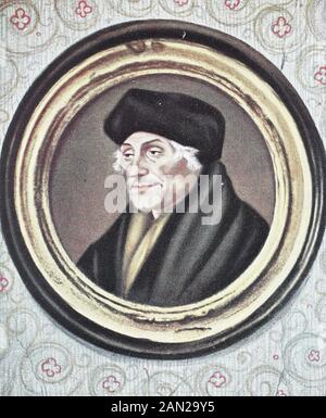 Desiderius Erasmus Roterodamus; 28 ottobre 1466 – 12 luglio 1536, noto come Erasmus o Erasmus di Rotterdam, è stato un umanista cristiano olandese che è stato il più grande studioso del Rinascimento settentrionale, / Desiderius Erasmus Roterodamus; 28. Oktober 1466 - 12. Juli 1536, bekannt als Erasmus oder Erasmus von Rotterdam, war ein niederländischer christlicher Humanist, der der der größte Gelehrte der nördlichen guerra rinascimentale, Historisch, riproduzione digitale migliorata di un originale del 19th secolo / digitale Reproduktion einer Originalvorlage dem 19. Jahrhundert Foto Stock