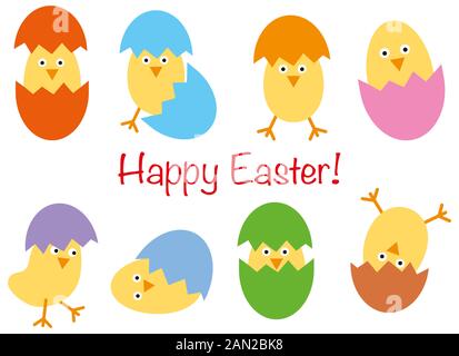 Felice Pasqua raccolta di divertenti polli cartoni animati con gusci colorati. Isolato su sfondo bianco. Illustrazione piatta. Foto Stock