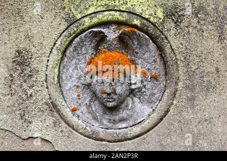 Particolare di lapide con facciata in pietra scolpita e lichen arancio 'capelli' nel cimitero della vecchia chiesa parrocchiale di San Pietro, Pembury, Kent, Inghilterra Foto Stock