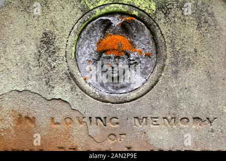 Particolare di lapide con facciata in pietra scolpita e lichen arancio 'capelli' nel cimitero della vecchia chiesa parrocchiale di San Pietro, Pembury, Kent, Inghilterra Foto Stock
