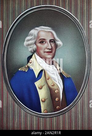 George Washington, 22 febbraio 1732 – 14 dicembre 1799, fu un soldato americano, contadino, investitore di terra, politico e statista che servì dal 1789 al 1797 come primo presidente degli Stati Uniti, e divenne noto come il Padre Del suo Paese, / George Washington, 22. Febbraio 1732 - 14. Dezember 1799, war ein amerikanischer Soldat, Bauer, Landinvestitore, Politiker und Staatsmann, der von 1789 bis 1797 als erster Präsident der Vereinigten Staaten diente und als sein Vater bekannt wurde Land, Historisch, digital migliorata riproduzione di un originale del 19th secolo / digitale Repr Foto Stock