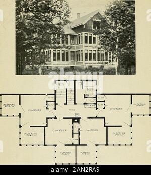 Costruzione di ospedali e sanatori per la tubercolosi; . No.109. Adirondack Cottage Sanitarium, Saranac Lake, N. Y. Scopes & Feustmann, Architectnathan Cottage. Vista dell'elevazione anteriore e della pianta del pavimento. Cap.acity, 4 costo stimato del paziente, 5.000 dollari. (Vedere le illustrazioni 63, 98 e 104 per una descrizione più dettagliata di questa istigazione.) posto nella parte posteriore dell'edificio e raggiunto da una sala dalla porta anteriore; ci sono due camere da letto 12 piedi di larghezza da 10 piedi di profondità su entrambi i lati della sala e due 14 piedi di larghezza b10 piedi di profondità ai lati del salotto, una combinazione porta e finestra di apertura. Thbuilding è v Foto Stock