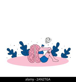 Disodio mentale. Questioni psicologiche. Giovane seduto sul pavimento e pensando vicino al cervello enorme. Donna che soffre di problemi di comportamento-disorde. Ch Illustrazione Vettoriale