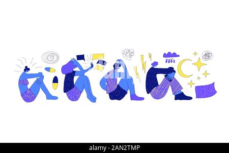 Problemi emotivi di salute. Disodio mentale. Questioni psicologiche. Giovani seduti sul pavimento con mal di testa isolato su sfondo bianco. Chara Illustrazione Vettoriale