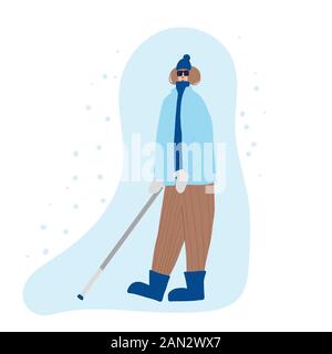 Personaggio ipovedenti con canna vestita con abiti caldi alla moda. Persona cieca con bastone. Illustrazione di un cartone animato piatto a colori vettoriali. Illustrazione Vettoriale