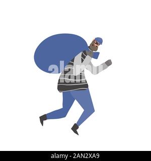 Ladro con borsa che corre via. Concetto di rapina. Uomo vestito con camicia a righe, cappello e maschera sneaking con la proprietà saccheggiata isolato su sfondo bianco. V Illustrazione Vettoriale