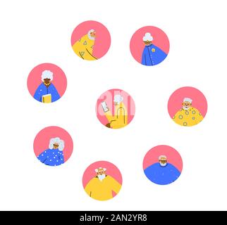 Set di icone con persone senior. Diversi avatar pensionati isolati su sfondo bianco. Illustrazione piatta del vettore. Illustrazione Vettoriale