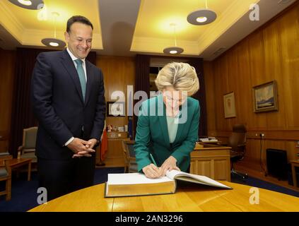 Il presidente della Commissione europea Ursula von der Leyen firma il libro dei visitatori come Taoiseach Leo Varadkar la accoglie presso Gli Edifici governativi di Dublino. Foto PA. Data Immagine: Mercoledì 15 Gennaio 2020. Vedi la storia di PA IRISH EU. Photo credit dovrebbe leggere: Lorraine o'Sullivan/PA Wire Foto Stock